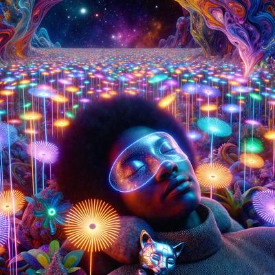 The primary subject of the image is a woman lying down in a vibrant, colorful environment. She is wearing a pair of glowing glasses, which adds to the overall visual style of the scene. The setting appears to be a futuristic, psychedelic space with a backdrop of colorful flowers and a patterned surface. The woman's relaxed posture and the vivid colors create a sense of tranquility and surrealism.